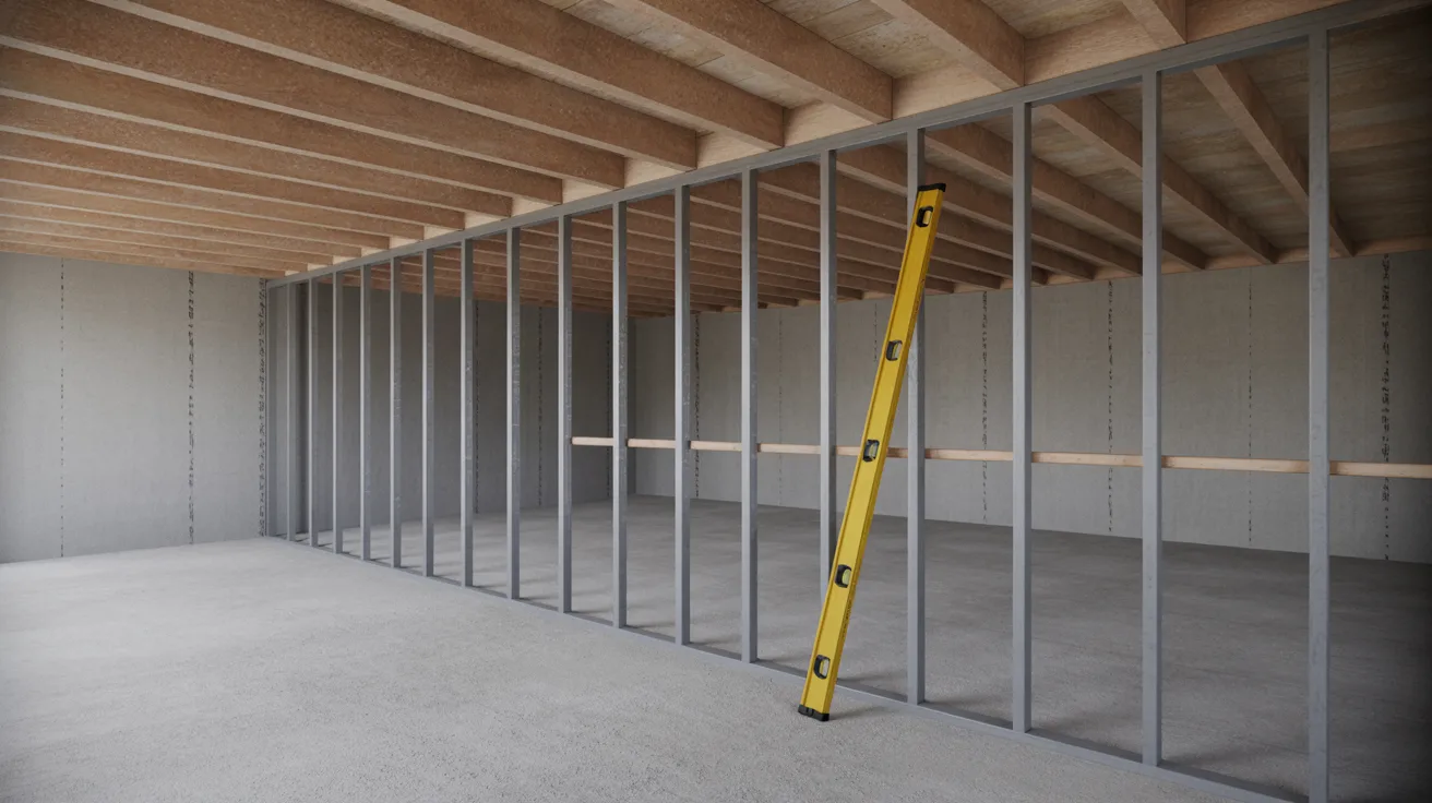 Floating basement wall frame checked for level and plumb alignment.