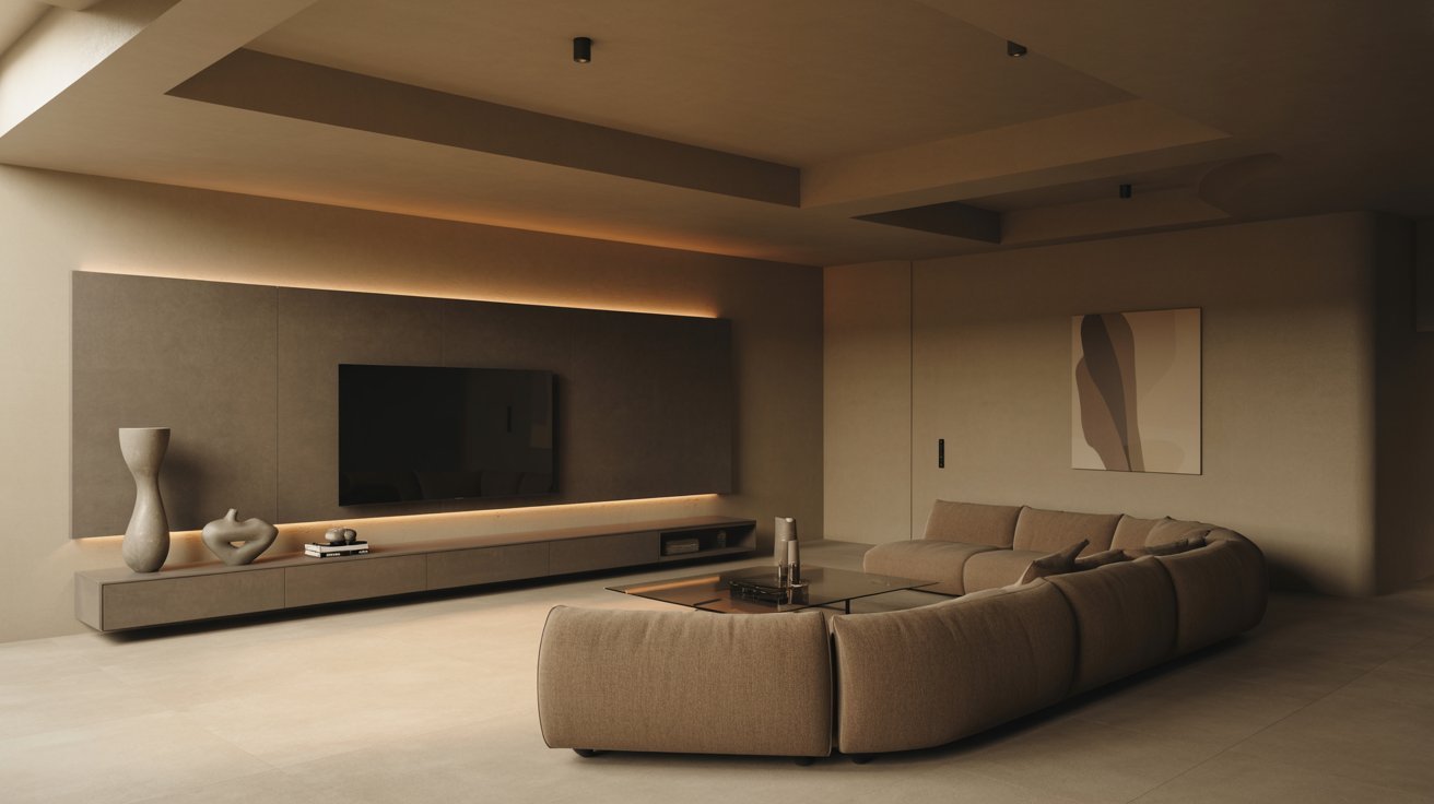 "Modern basement with floating TV console, hidden cable management, and sleek contemporary entertainment design."