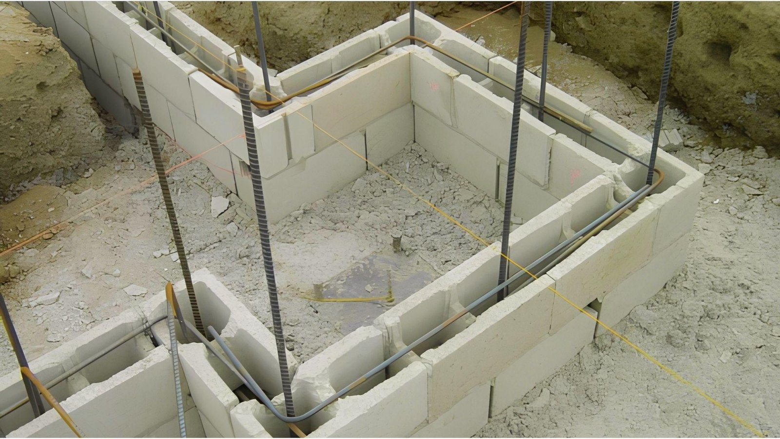 Concrete block basement foundation under construction with rebar reinforcement inside hollow cores at building site
