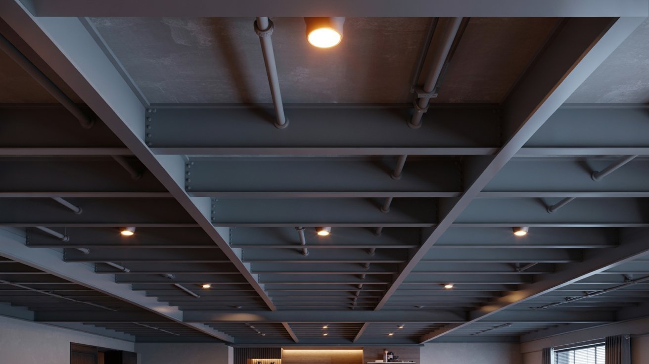 Industrial exposed joist ceiling painted dark gray with visible pipes and simple spot lighting.