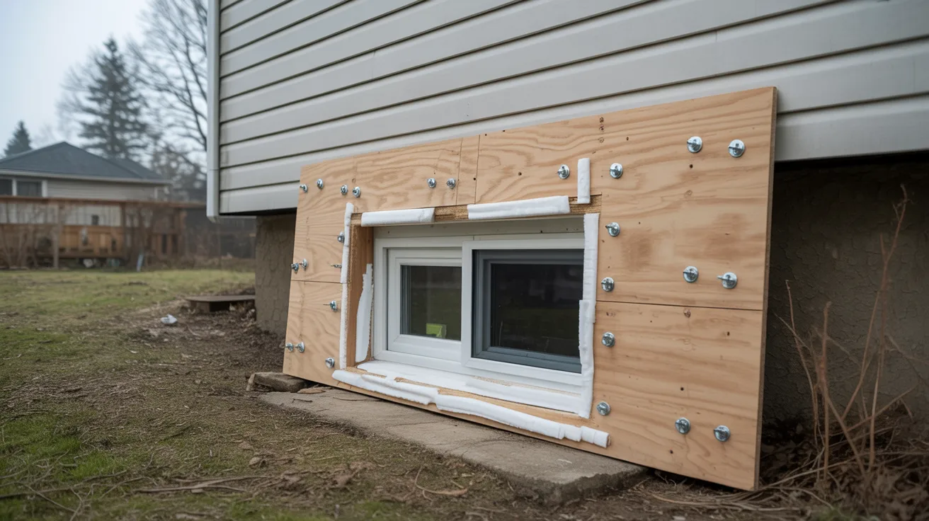 Installing plywood cover and insulation board for temporary basement window protection.