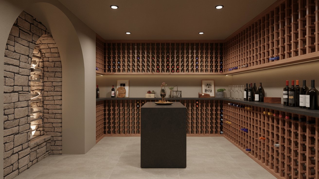 Elegant basement wine cellar with wooden racks, mood lighting, and sophisticated luxury storage design