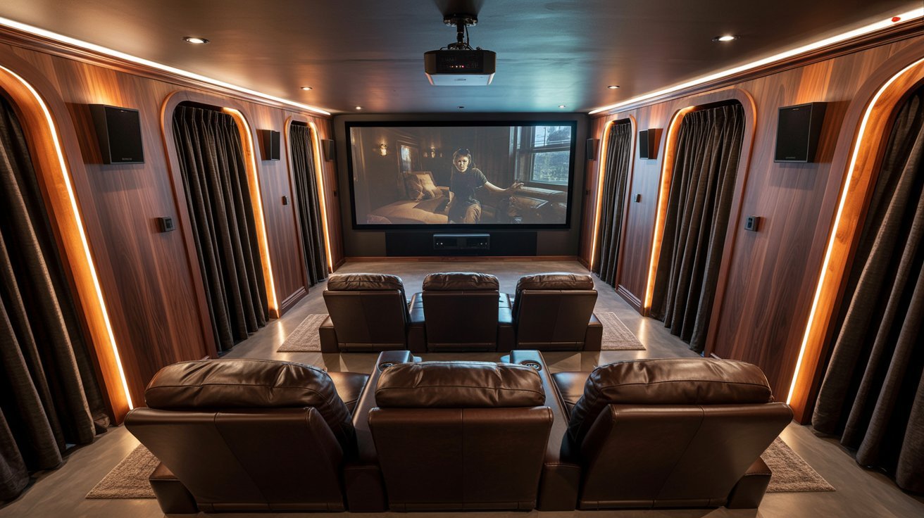 Luxury basement theater with projector screen, tiered seating, surround sound, and cinematic lighting