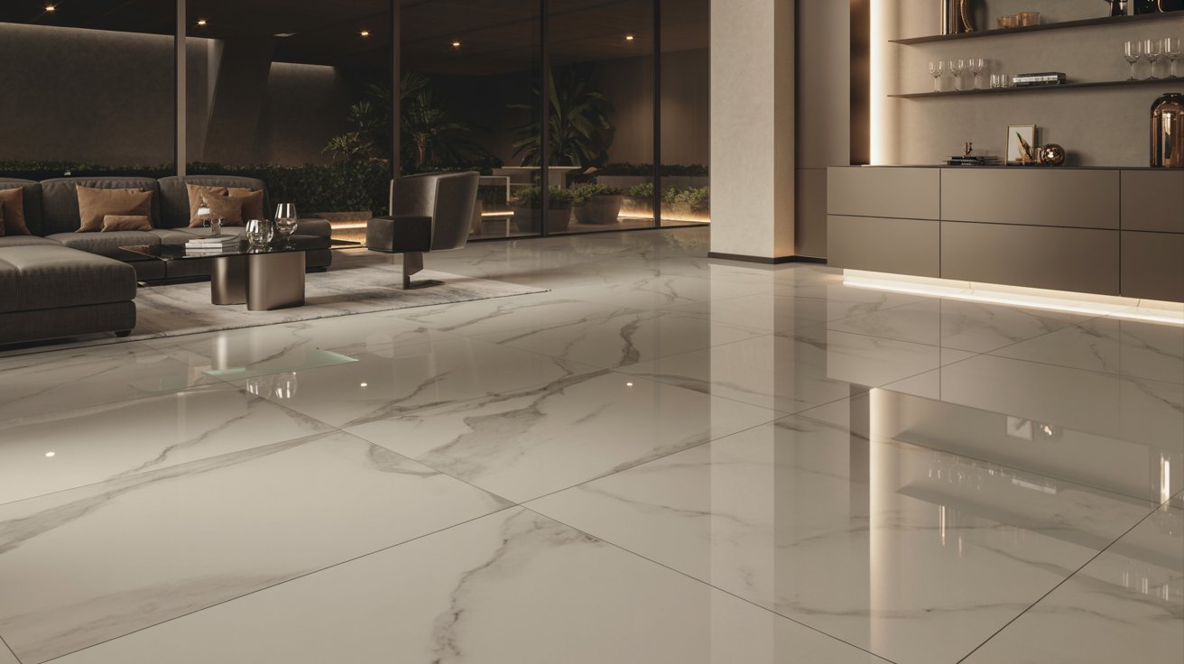"Luxury basement with marble-look flooring, modern furniture, and elegant high-end contemporary design."
