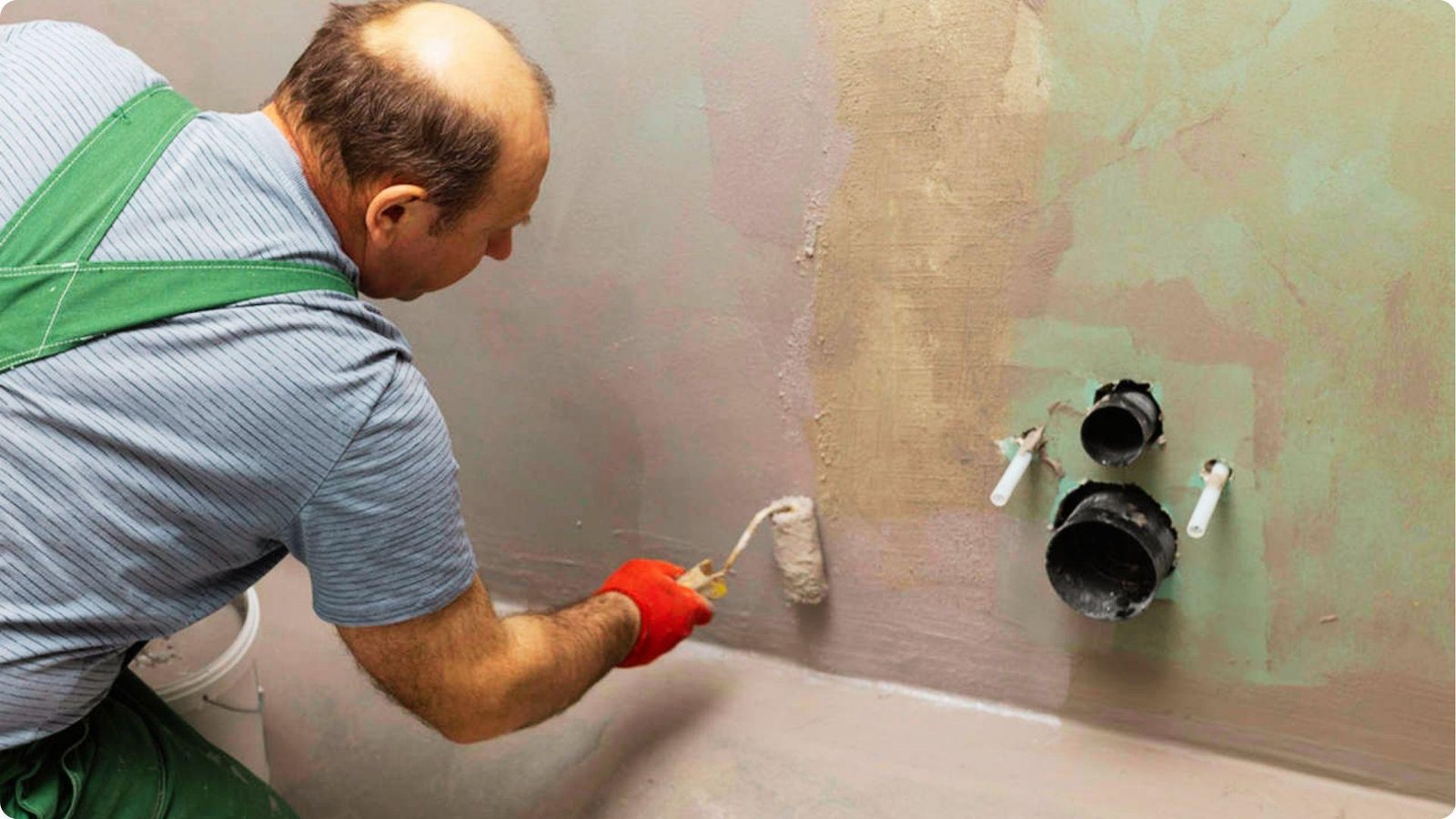Contractor in green overalls applying waterproof sealant around exposed plumbing in basement wall.