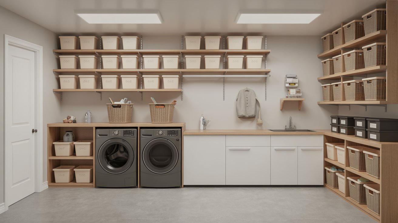 Organized basement laundry room with smart shelving, storage bins, and clean functional utility design