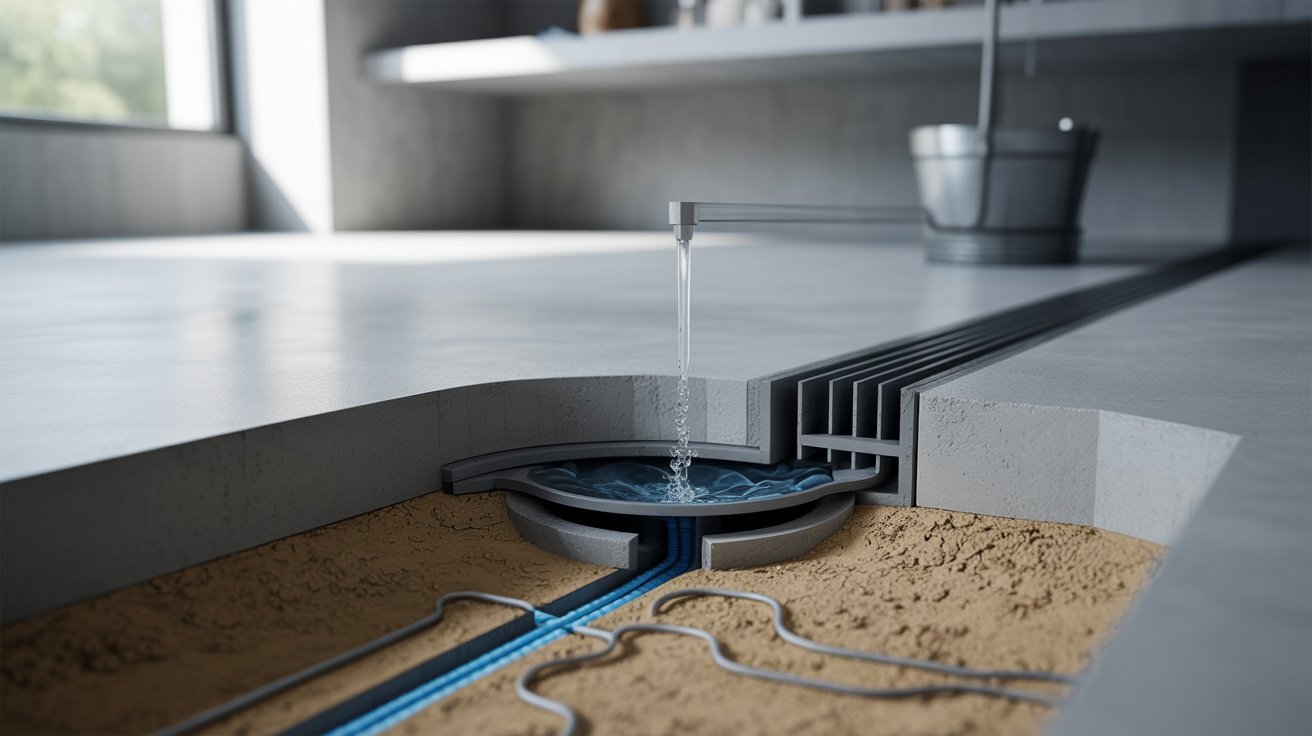 "Cutaway view of trap primer basement floor drain showing water seal inside trap and small feed line maintaining seal in modern drainage system."