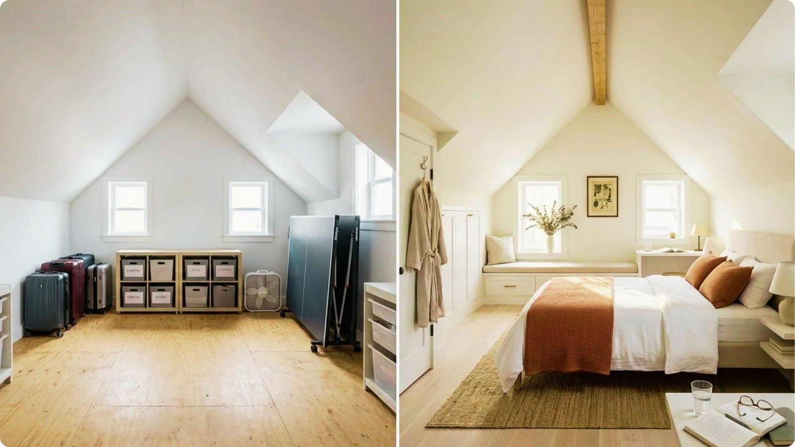Before and after of a low sloped-ceiling attic converted to a bright bedroom.