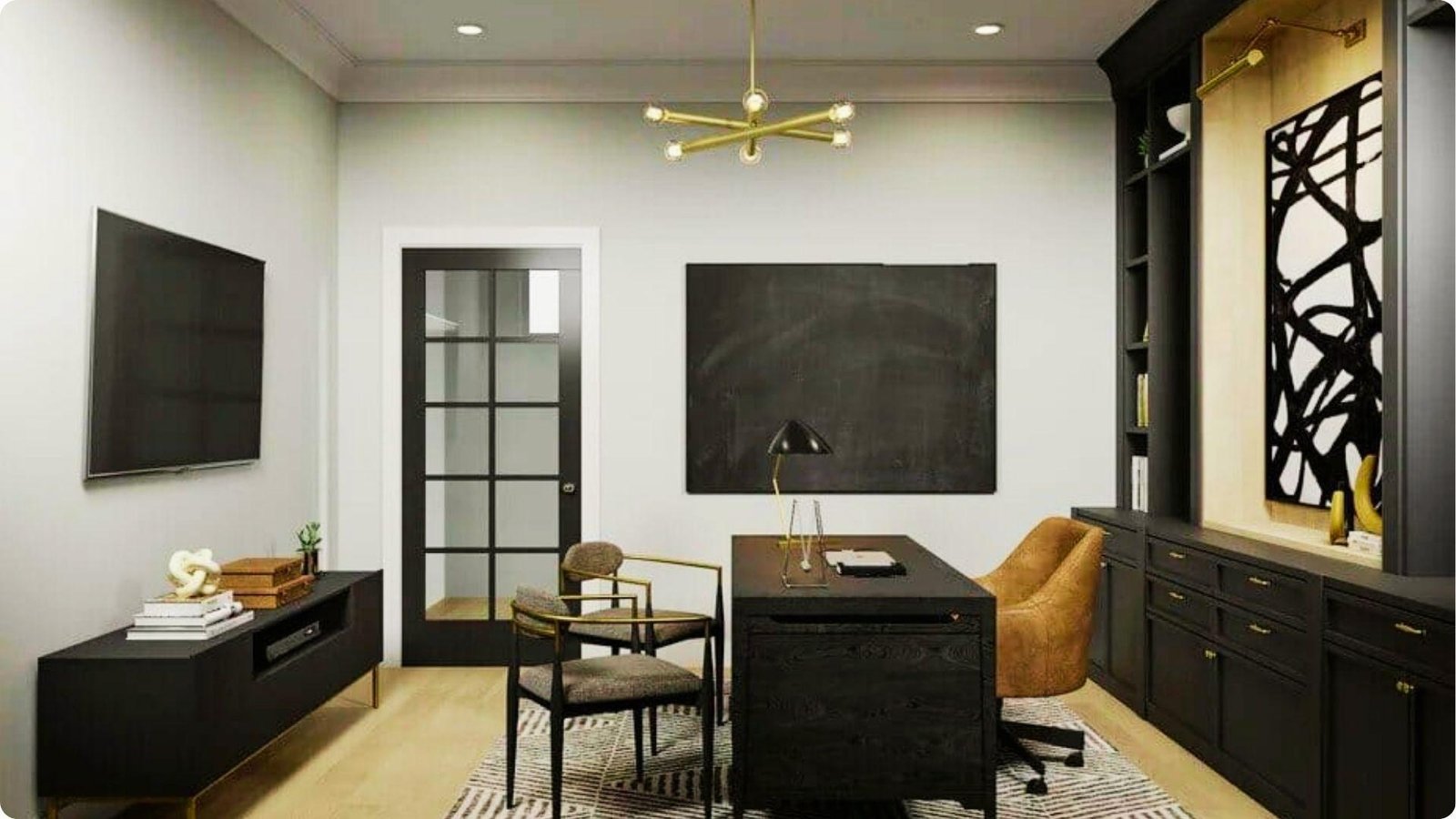 Contemporary basement home office with black furniture and gold accents.