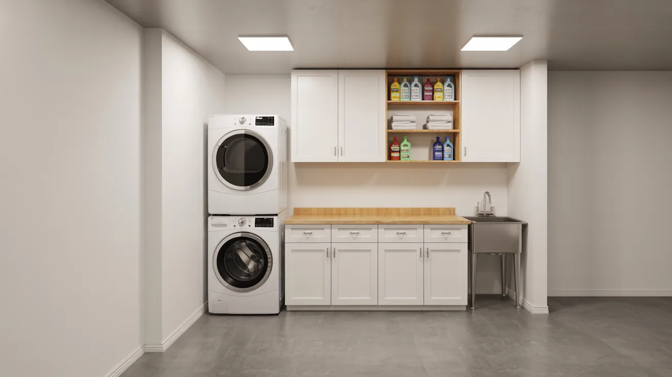 Realistic basement laundry and utility space with stacked machines, storage shelves, and folding counter.