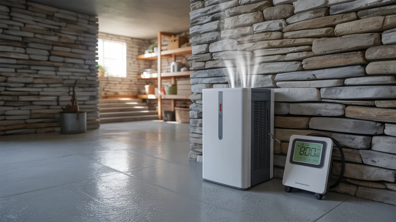 Dehumidifier and humidity monitoring setup inside stone basement to control moisture after waterproofing.
