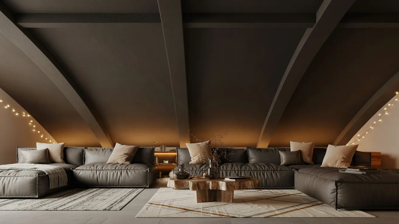 Cozy basement lounge with a black ceiling, warm lighting, soft furniture, and wood accents.