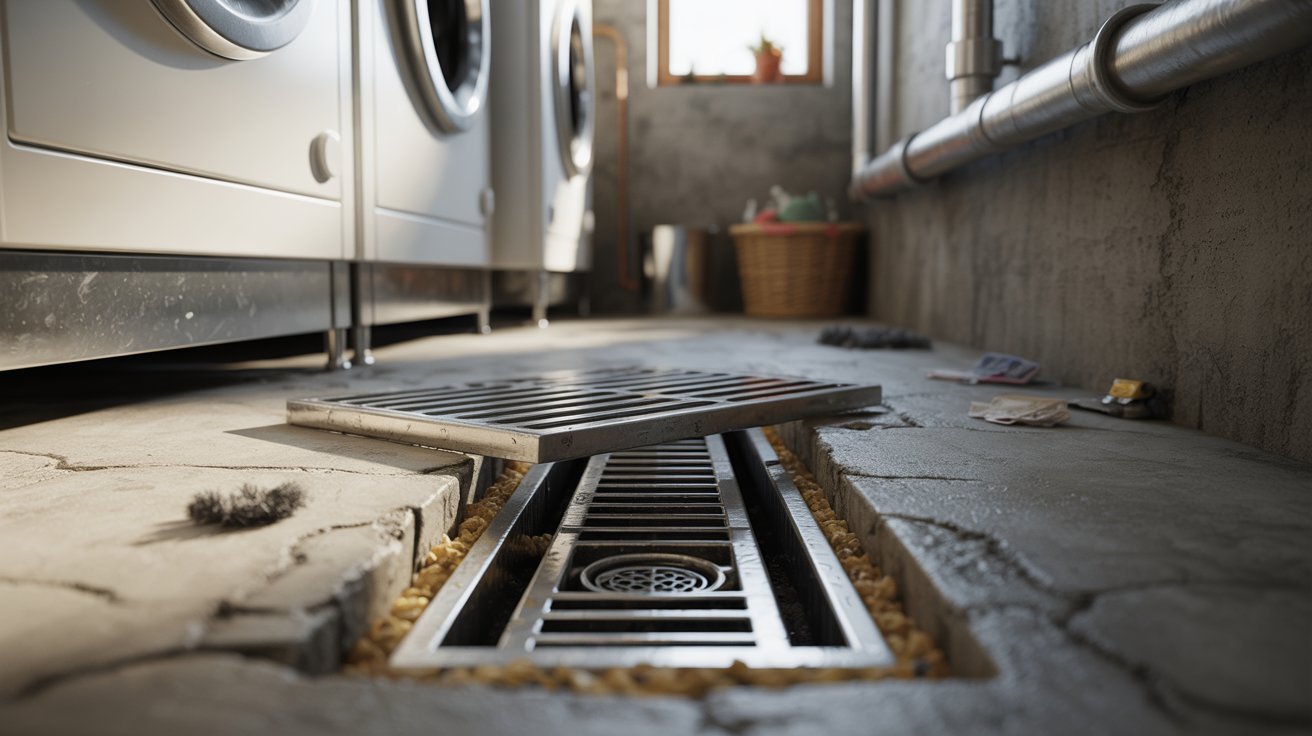 "Close-up of open basement floor drain in utility room with exposed grate removed and visible debris buildup on concrete floor."