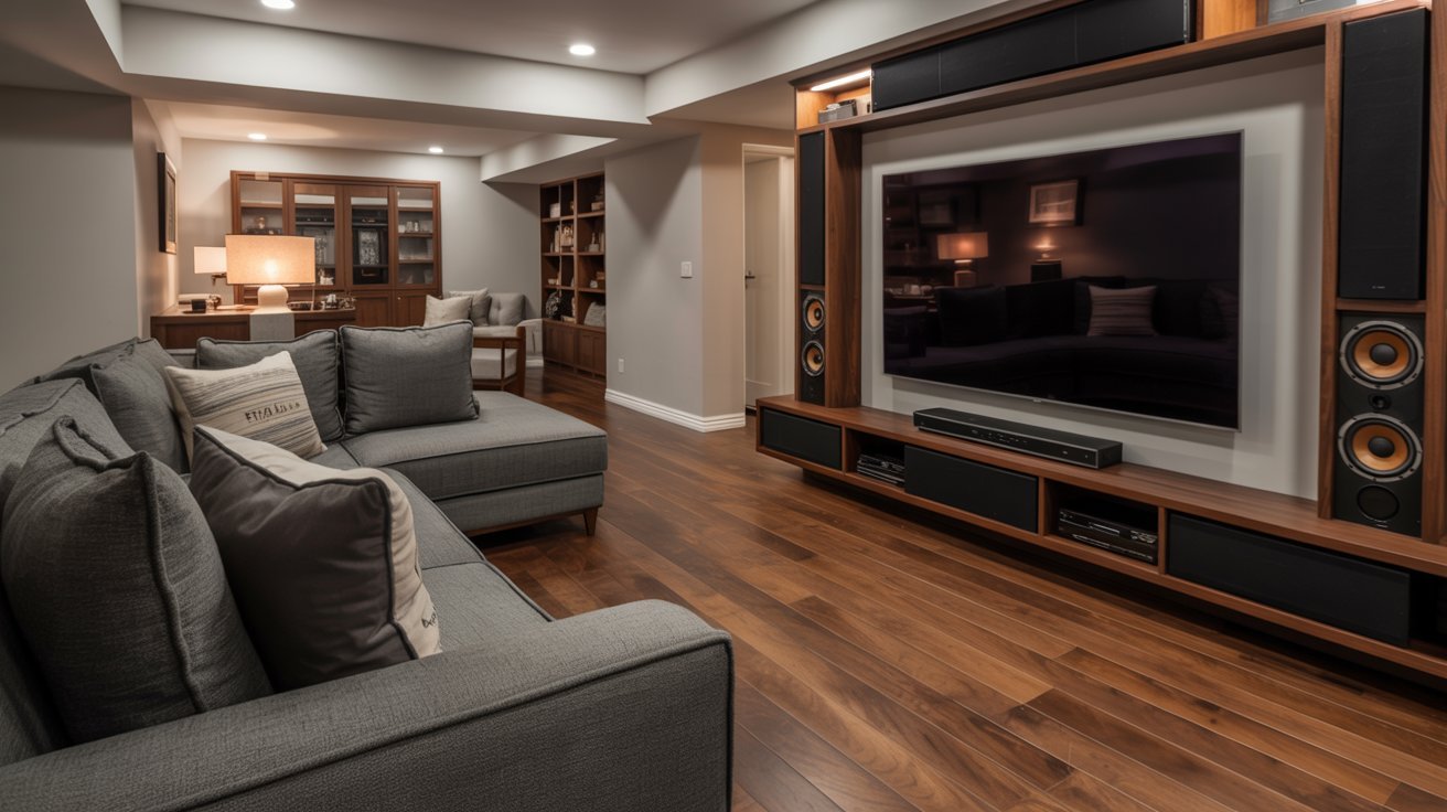 Modern basement media room with large screen, cozy seating, lighting, and stylish entertainment space.