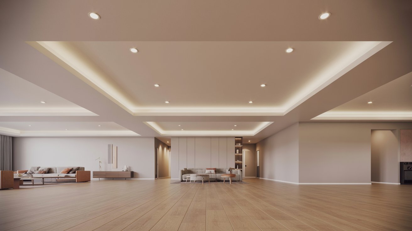 "Minimalist modern low ceiling basement with flat white ceiling and recessed lighting creating a clean open spacious feel"