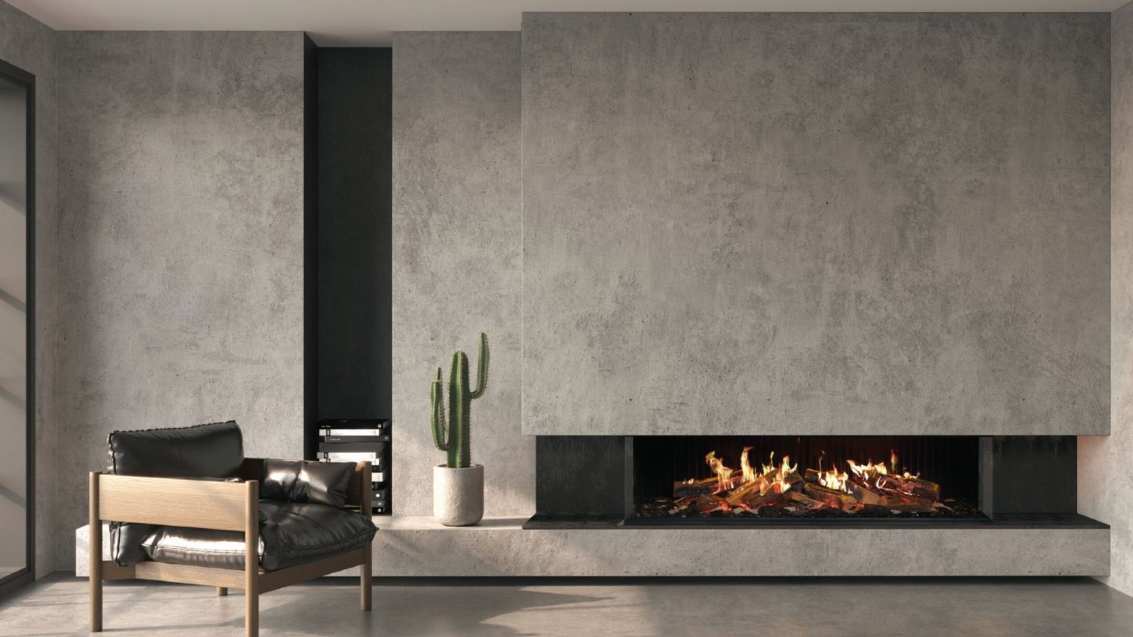 Minimalist basement with wide linear fireplace, concrete walls, leather chair and cactus decor.