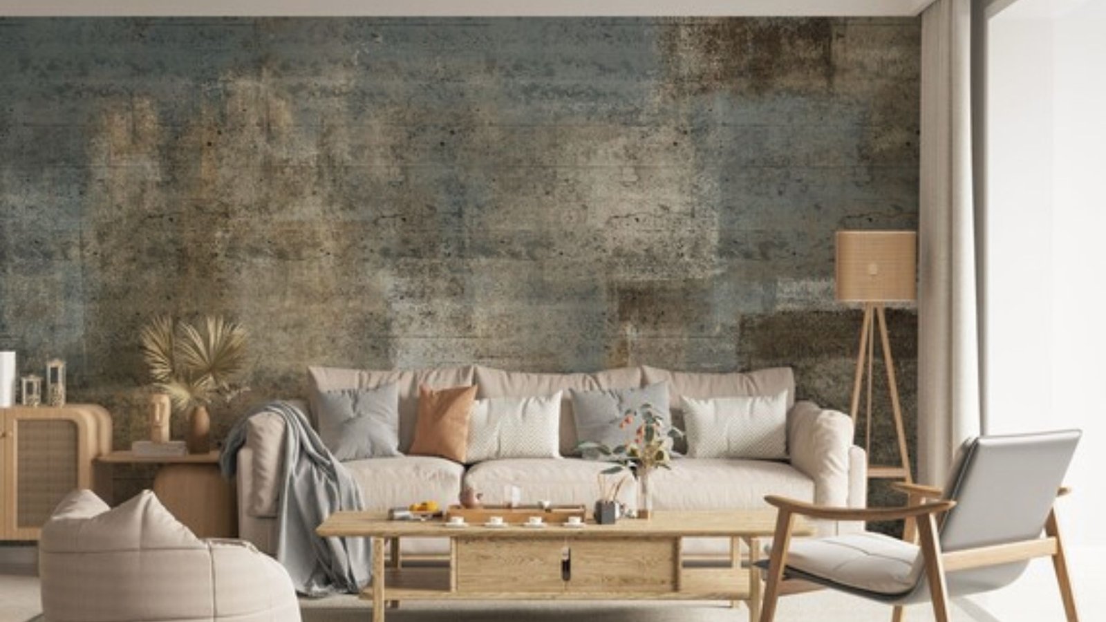 Textured concrete wall and floor lamp allow sump pump cover to blend as a floor panel.