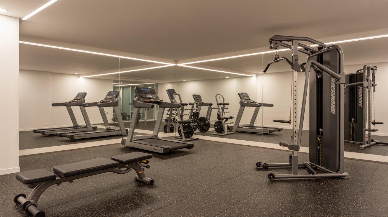 Basement home gym featuring workout equipment, rubber flooring, mirrors, and modern fitness space design.