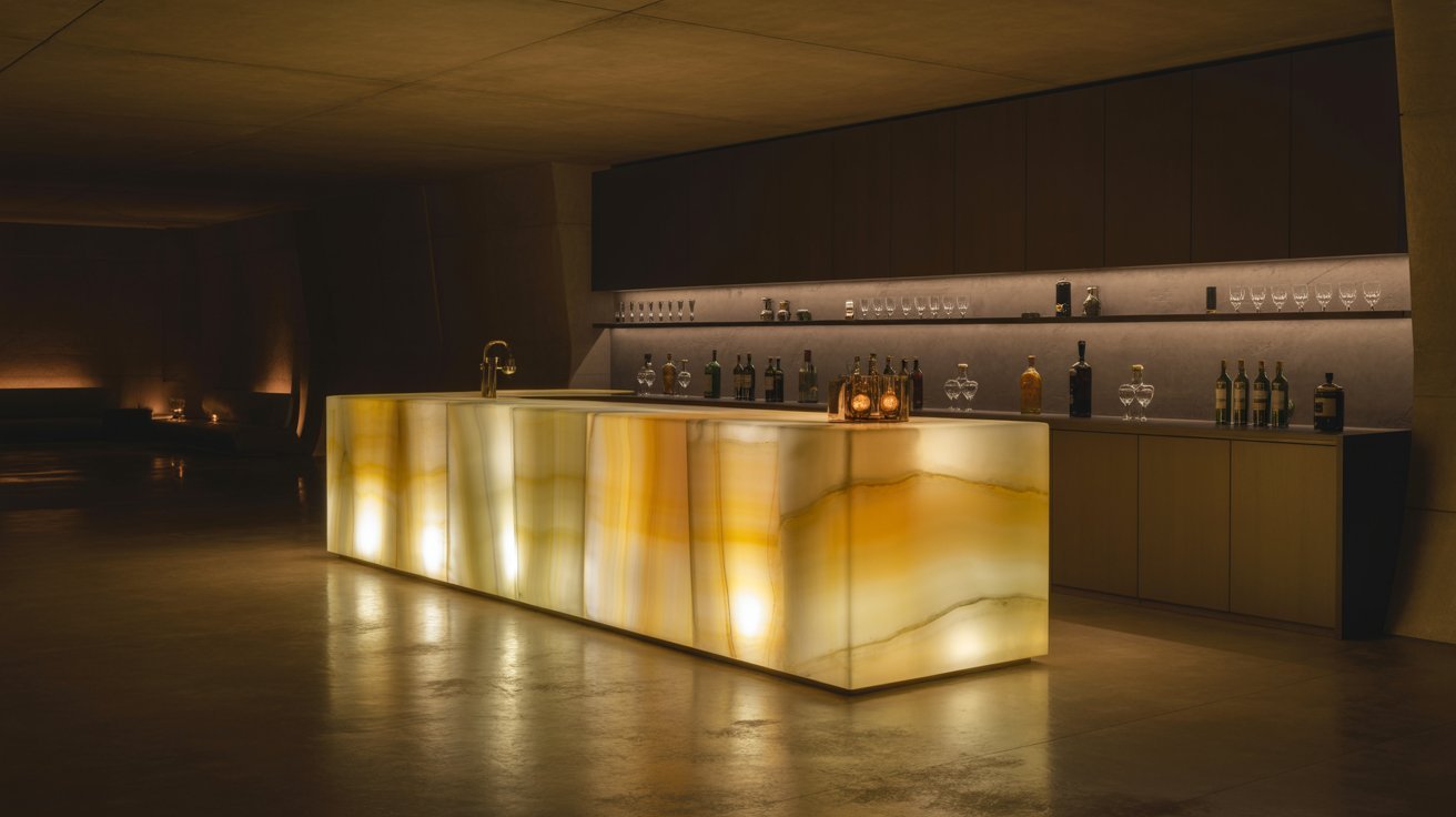 "Luxury basement bar with glowing backlit onyx countertop, elegant dark interior, and ambient lighting creating a dramatic modern focal point"