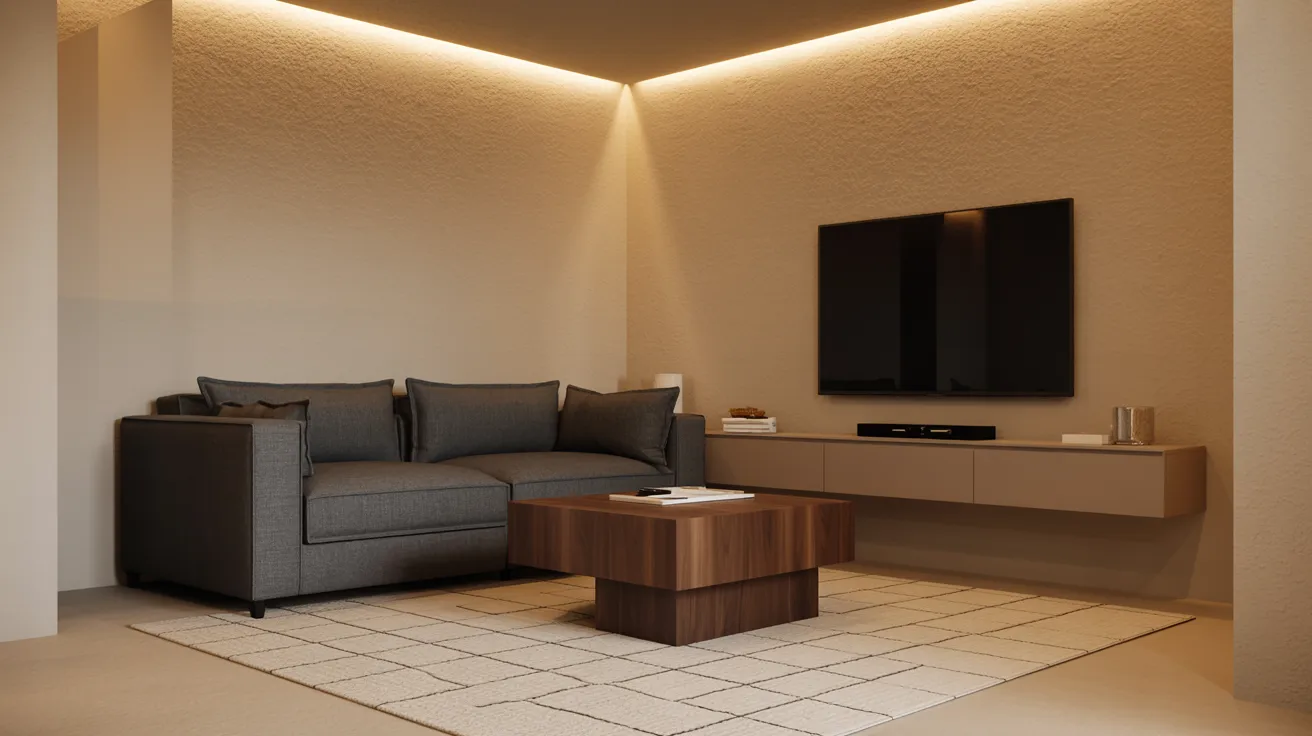 Realistic cozy basement corner living room with sofa, rug, wall TV, and warm lighting creating comfortable seating space.