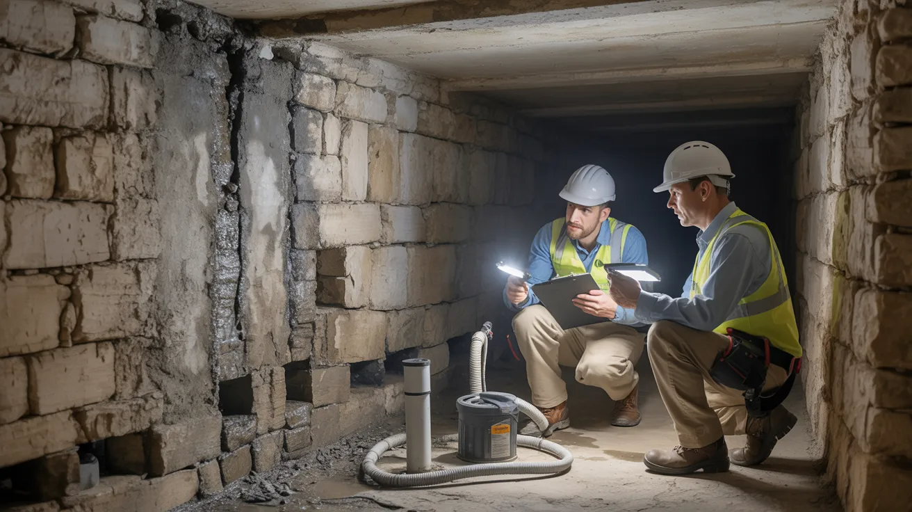 Waterproofing professional inspecting cracked stone basement walls and serious water damage requiring expert repair.