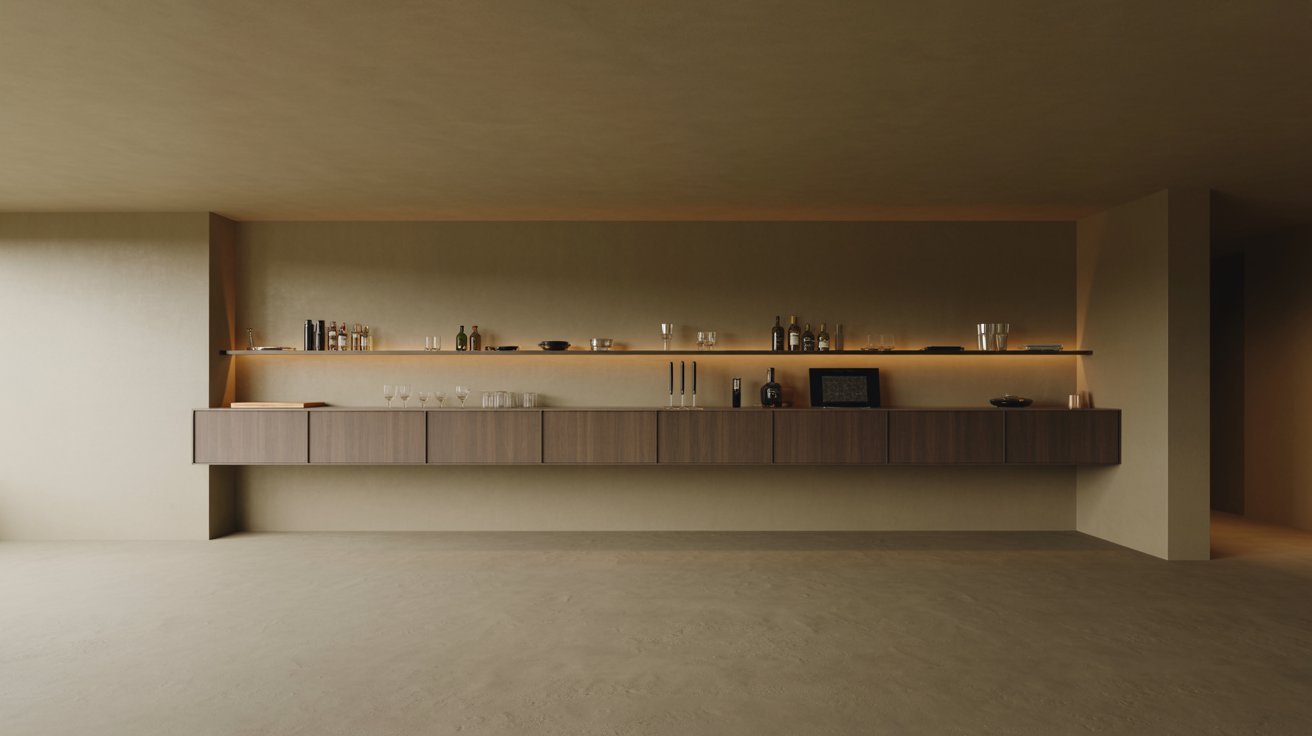 Minimalist floating basement bar with wall-mounted wooden counter, hidden storage cabinets, and warm ambient lighting in a modern home basement