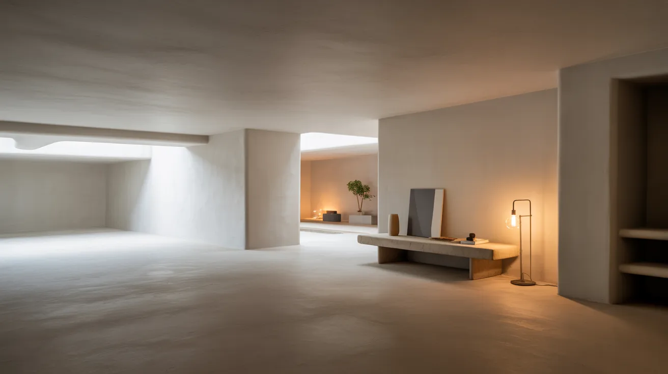 Realistic minimalist basement with clean design, white walls, and simple furniture creating open calm space.