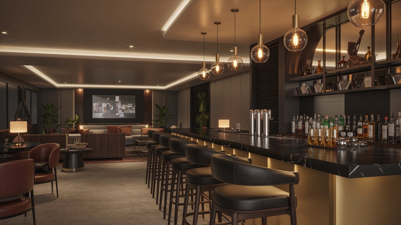 "Modern basement bar and social lounge with stylish seating, pendant lighting, and upscale entertainment design."