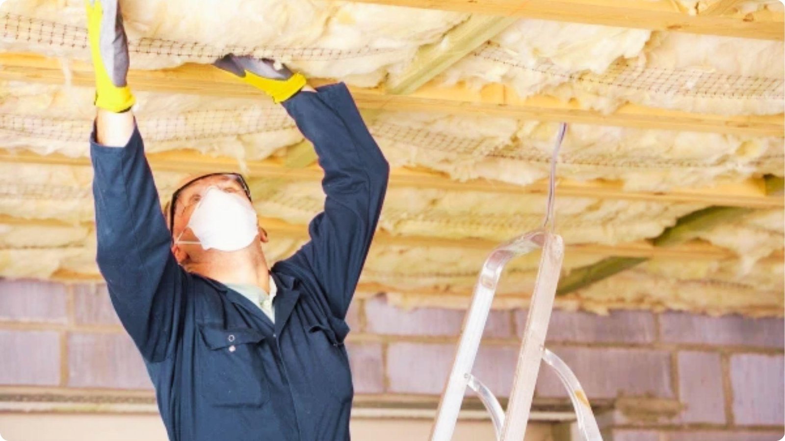 Contractor wearing safety mask and gloves installs yellow fiberglass batt insulation into basement ceiling joists.