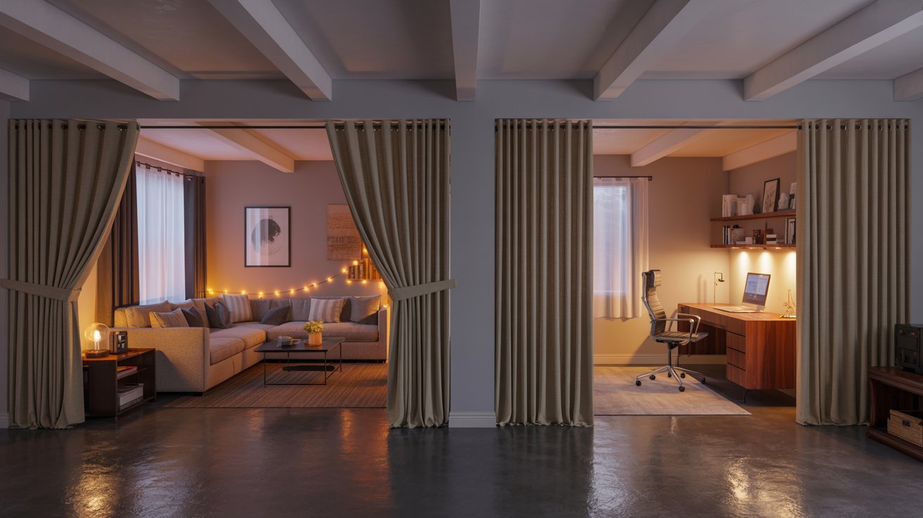 Basement with curtain room dividers, cozy seating, and affordable multifunctional layout design