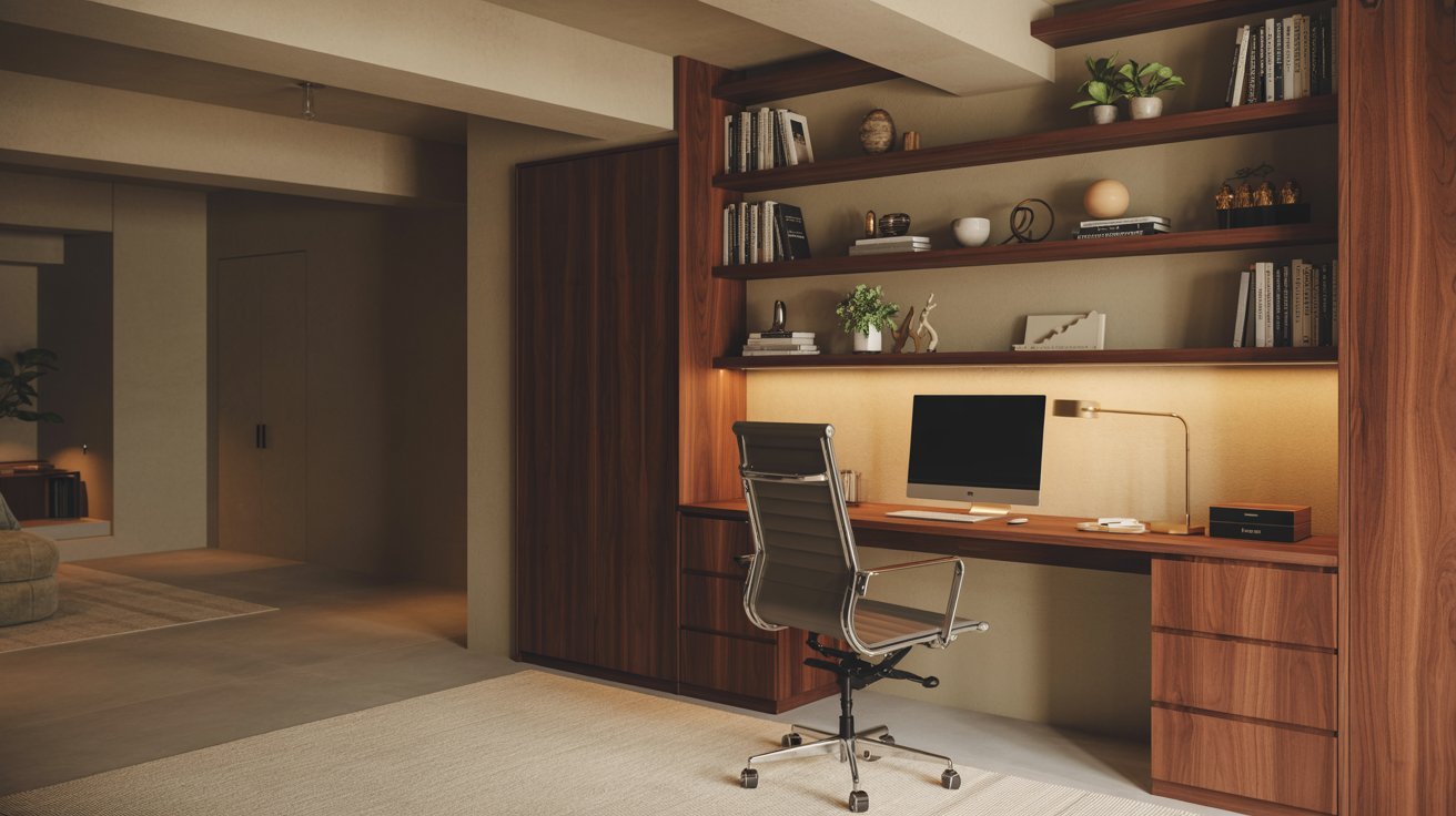 Stylish basement home office with built-in desk, shelving, warm lighting, and organized productive workspace.
