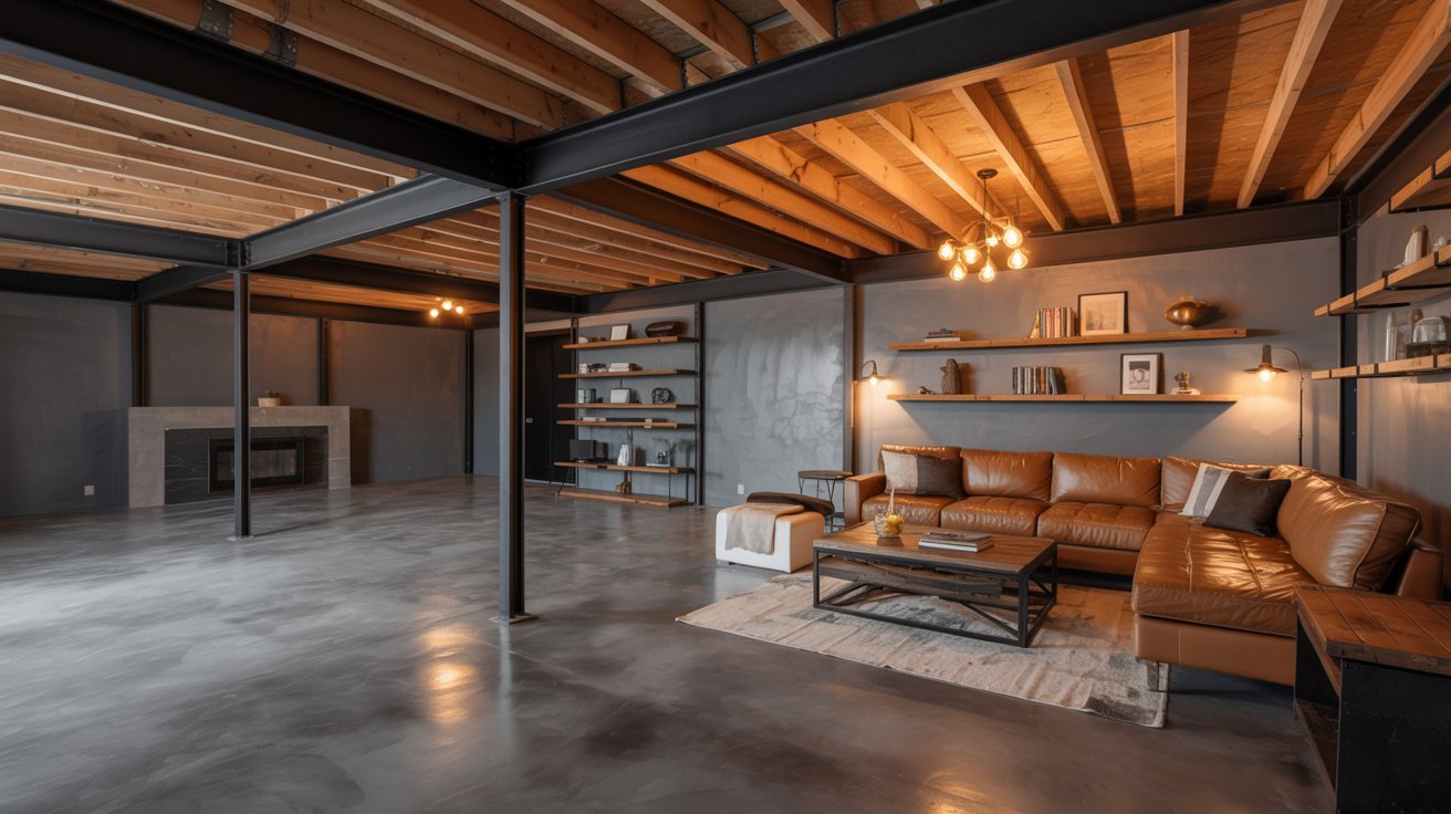 Open-concept basement with exposed ceiling, cozy seating, concrete floors, and affordable spacious modern design