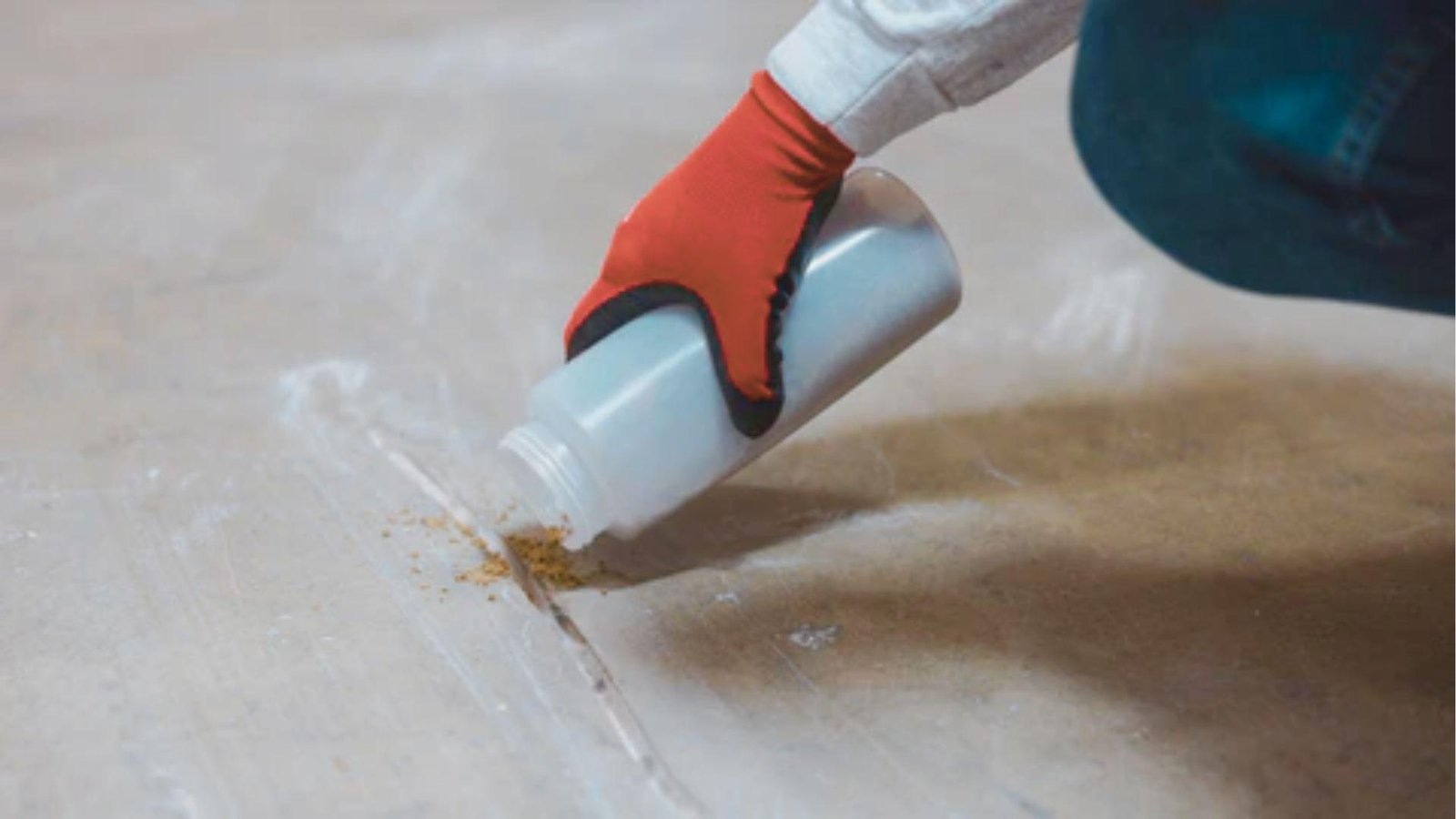 Gloved hand with red work glove pouring dry hydraulic cement mix from a bottle into a floor crack.