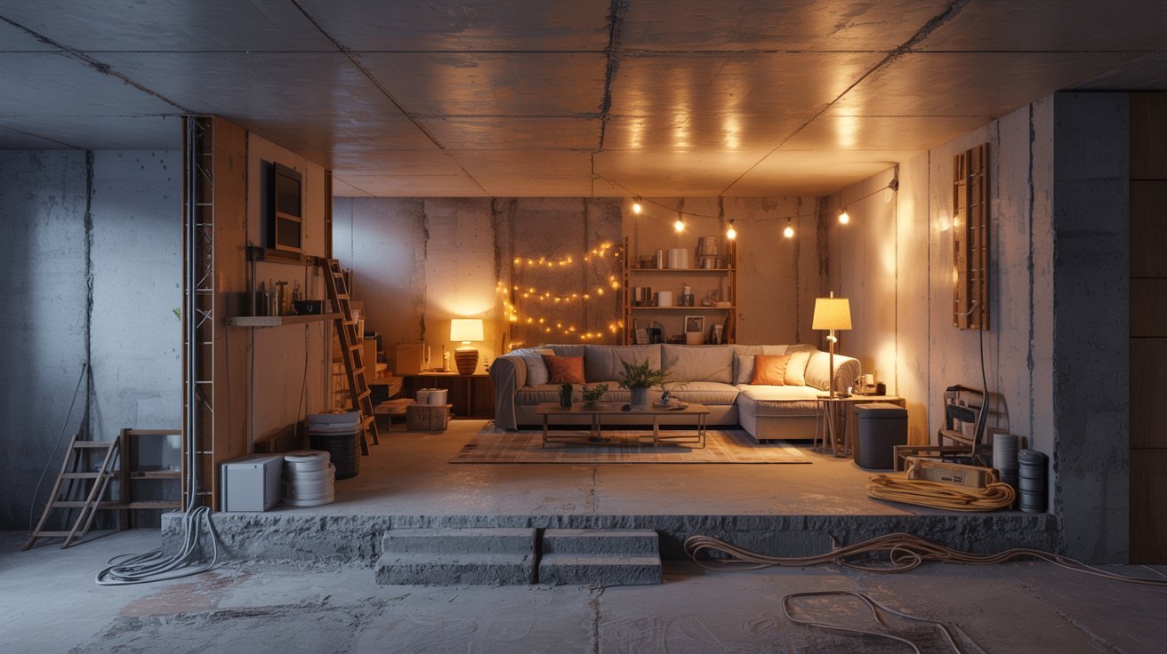 Partially finished basement with phased upgrades, cozy seating, and affordable practical renovation design