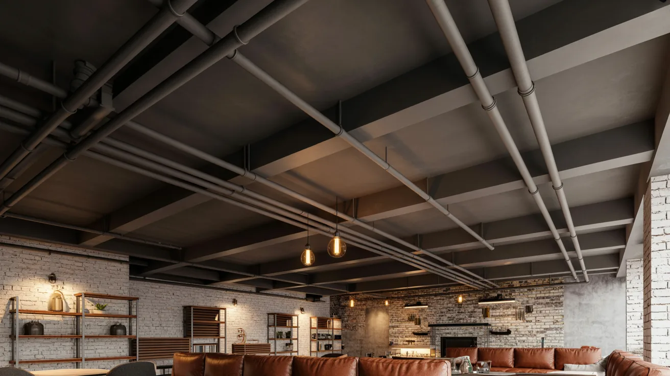 Industrial-style basement with a black exposed ceiling, brick walls, concrete floors, and metal shelving.