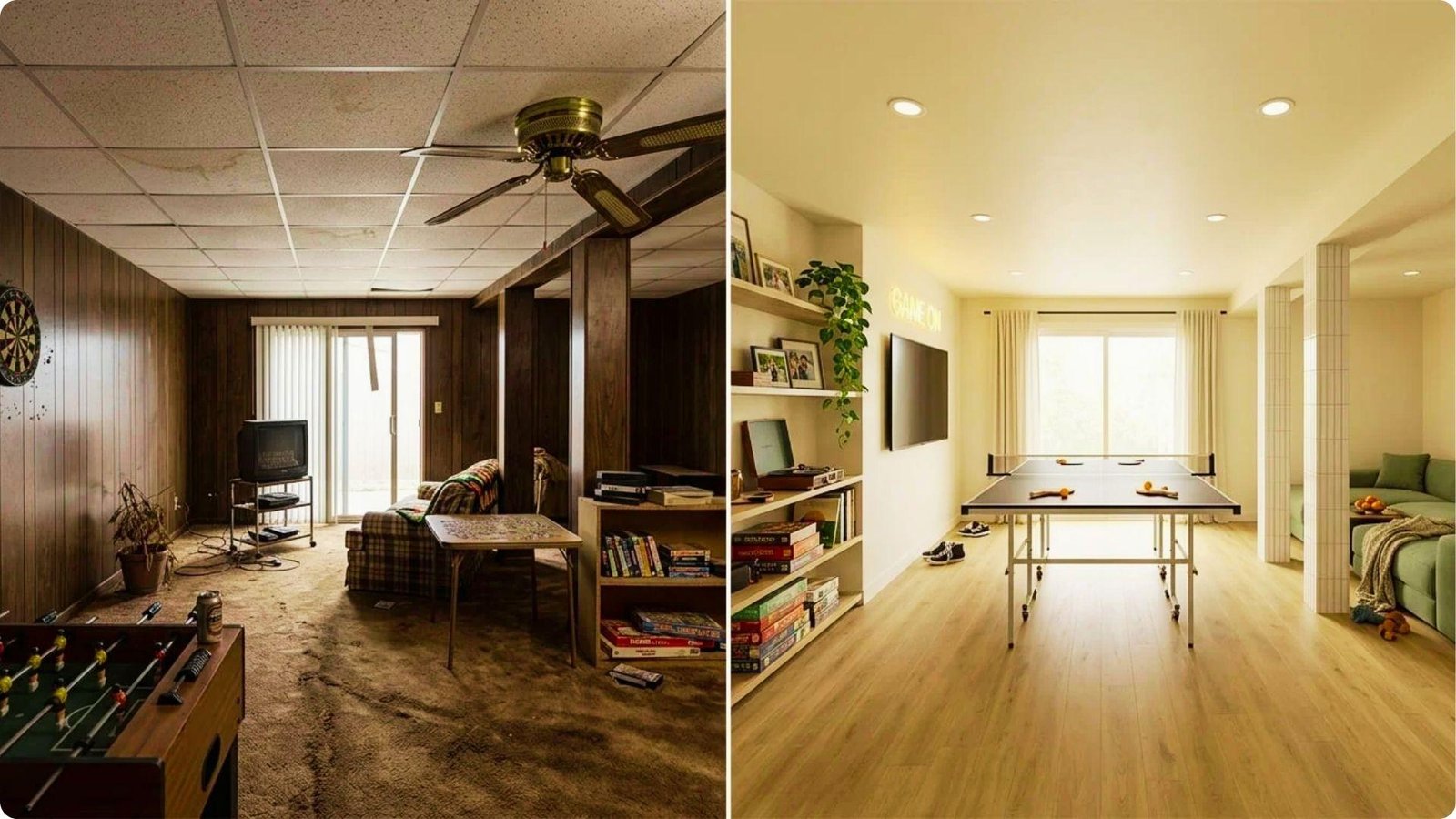 Before and after of a dated basement rec room with low drop ceiling and wood paneling.