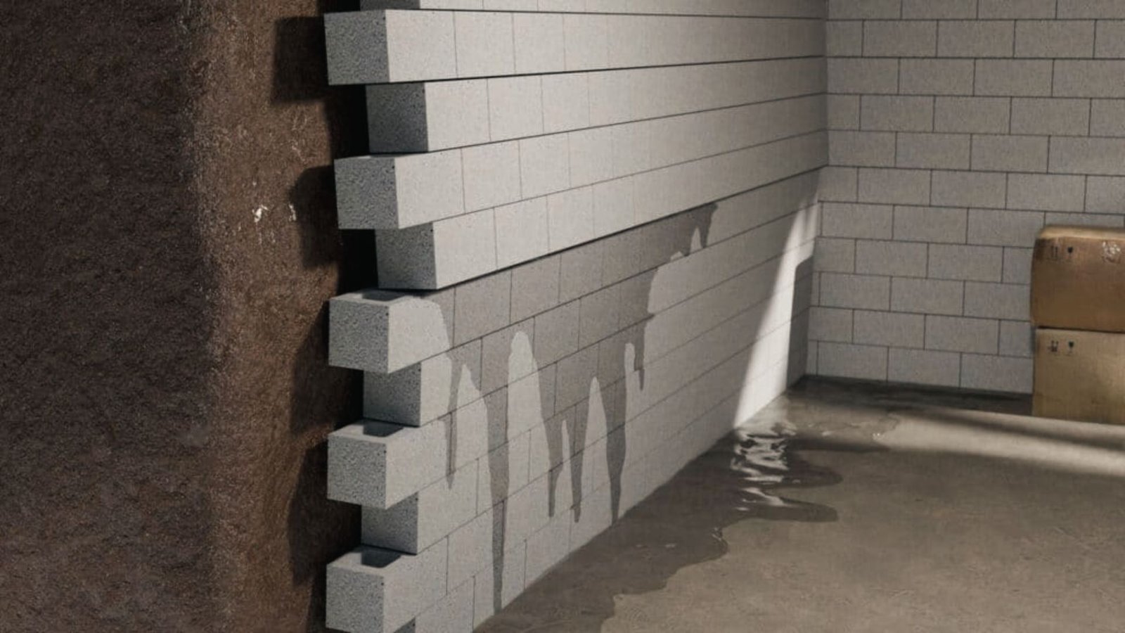 Cross-section diagram of basement wall showing water leaks and pooling, indicating need for waterproofing