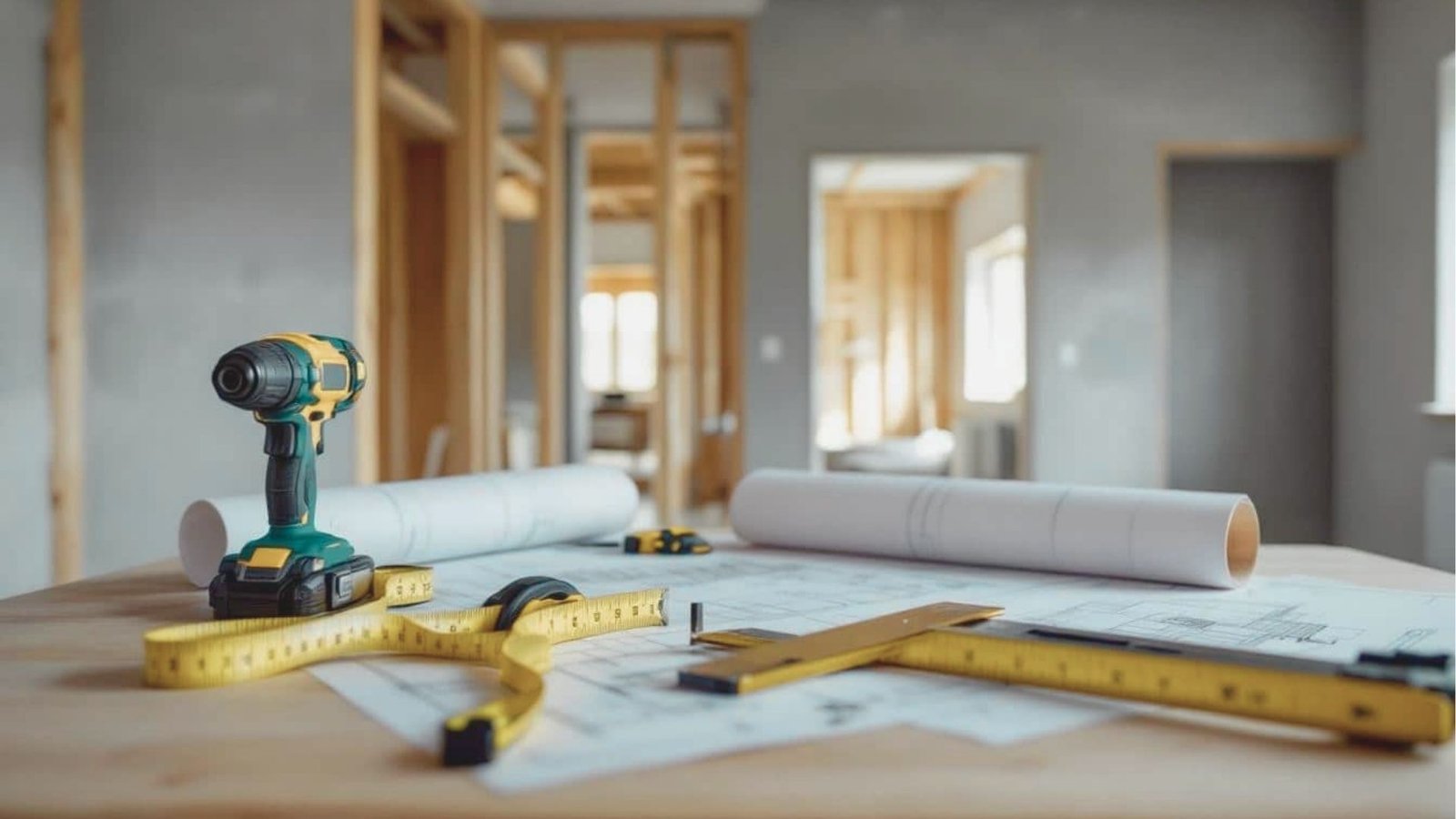 Tools for construction displayed on a table in a room, highlighting a renovation project in progress.
