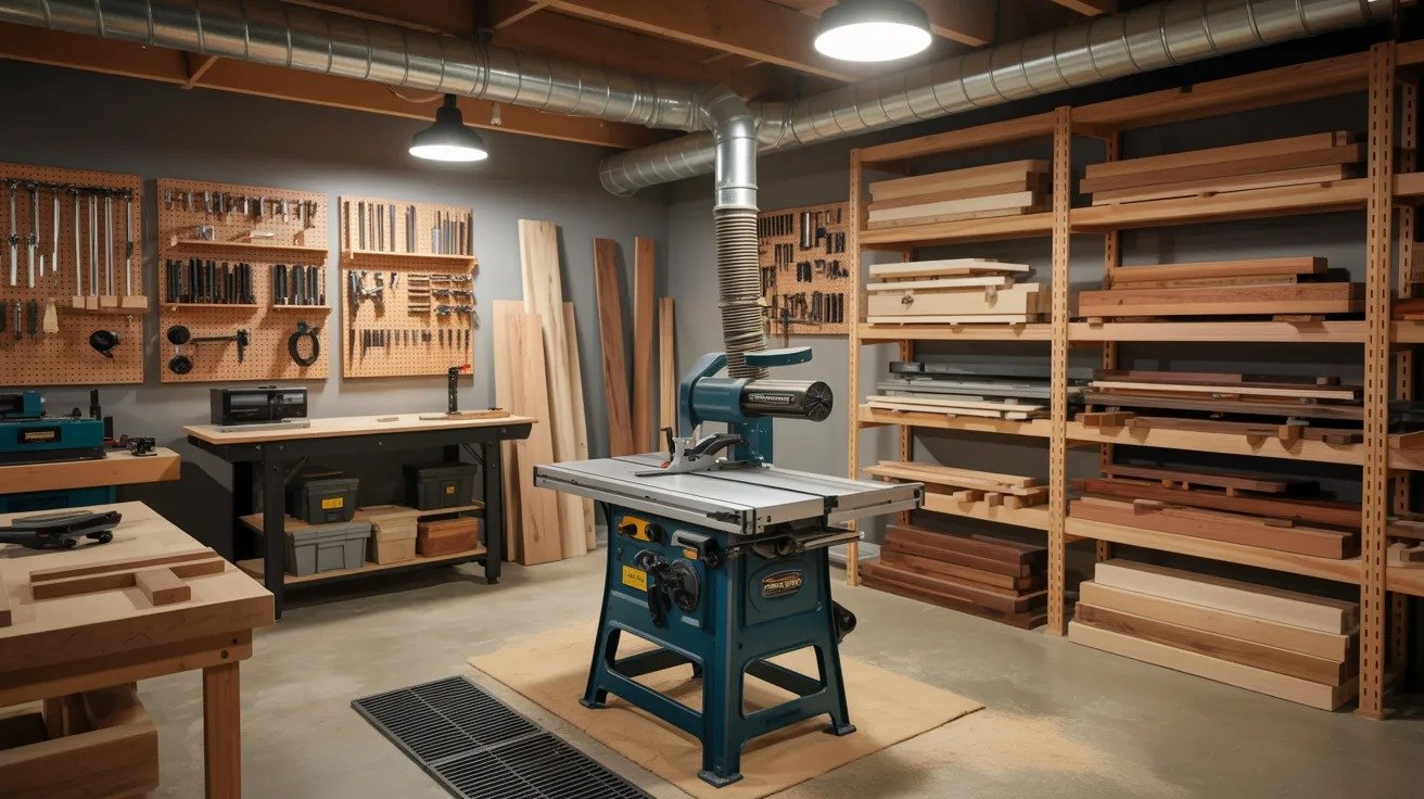 Basement woodworking shop with table saw, wood storage, dust collection system, and organized workshop layout.