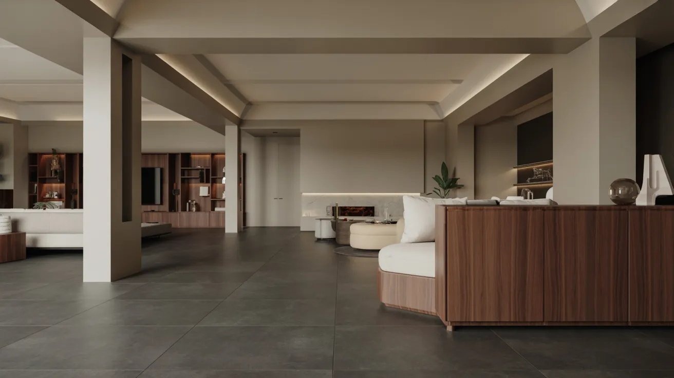 Modern basement design with recessed lighting, neutral tones, sleek furniture, and minimalist layout.