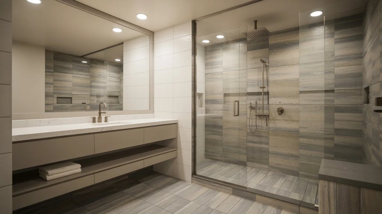 Modern basement bathroom with walk-in shower, vanity, waterproof flooring, and sleek fixture design.
