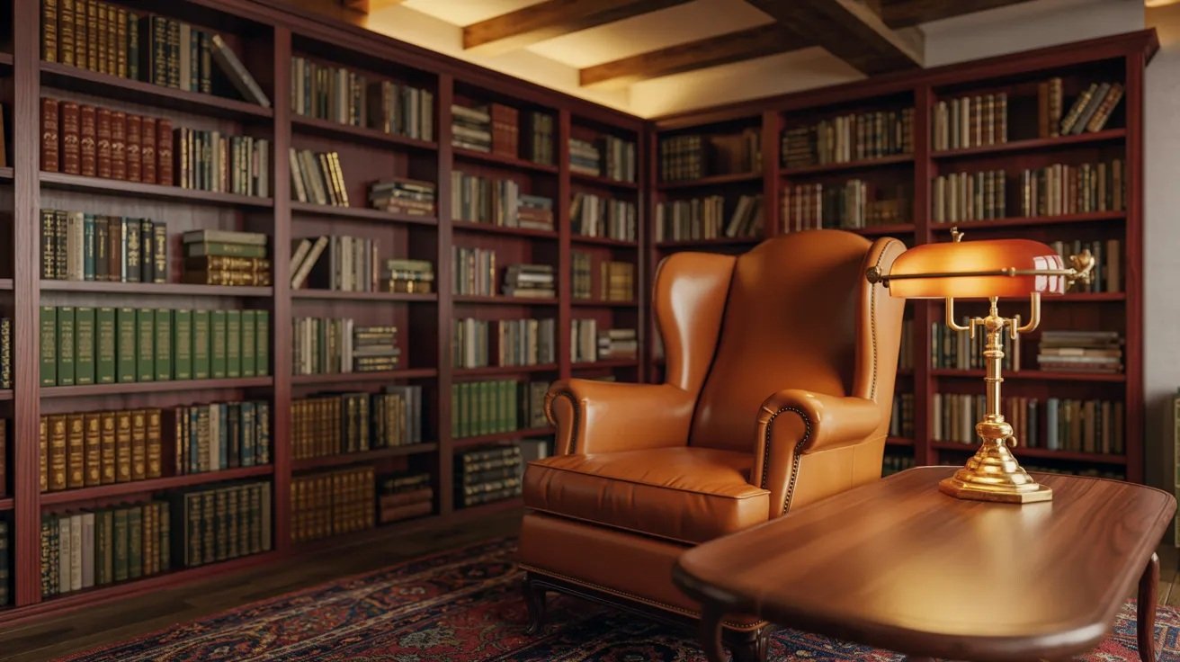 Cozy basement library with floor-to-ceiling bookshelves, reading chair, and warm ambient lighting.