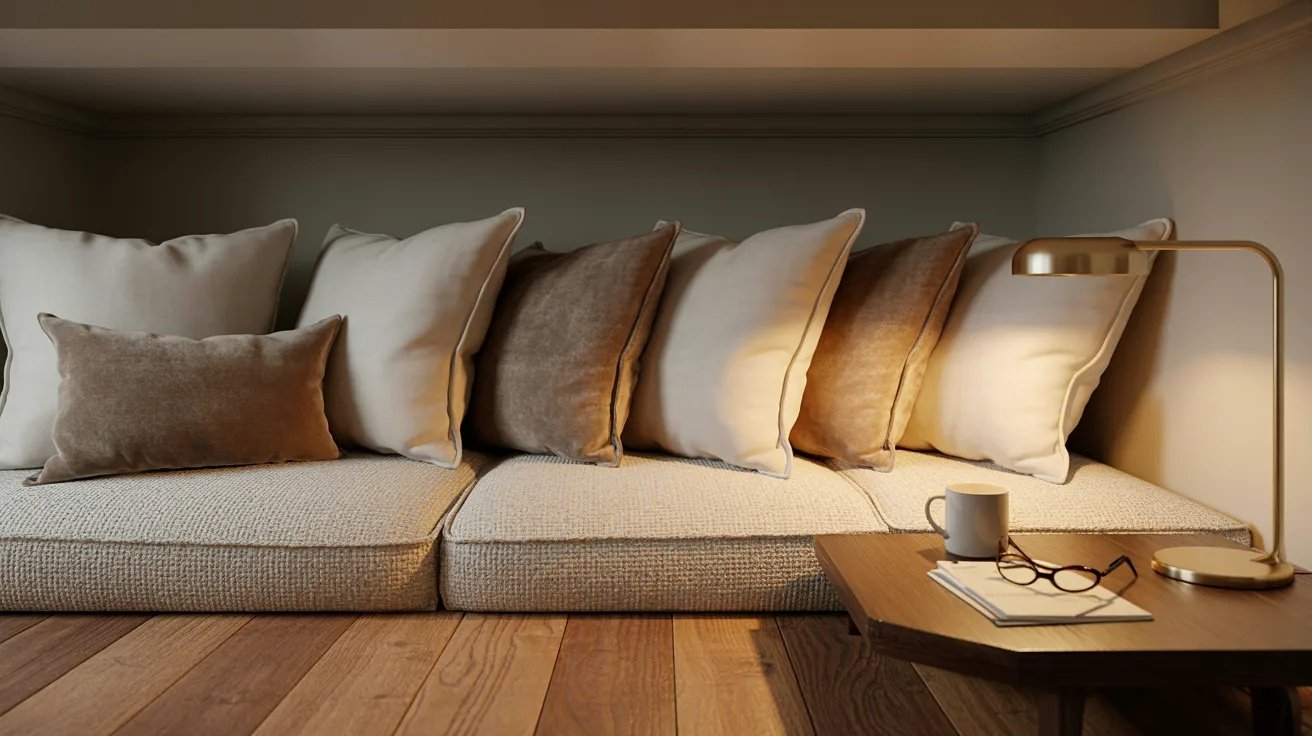 Cozy basement reading nook with cushioned seating, soft lighting, and relaxing corner design.