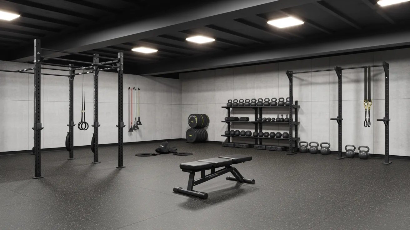 Basement fitness studio with resistance bands, pull-up bar, weights, and modern workout equipment.