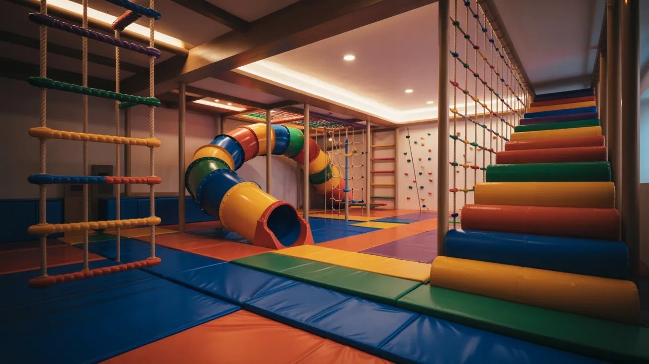 Basement jungle gym with slides, climbing structures, soft flooring, and indoor play area for kids.