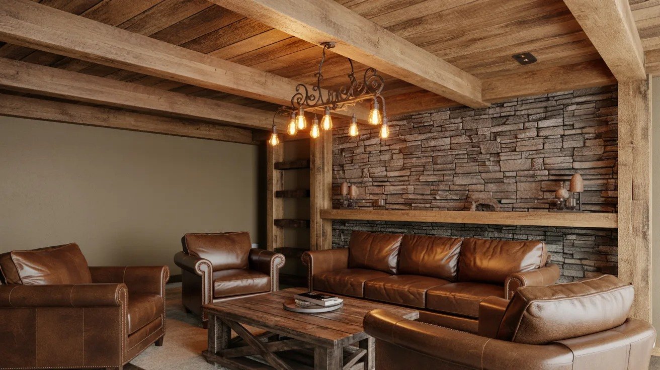 Rustic basement design with exposed beams, leather seating, stone accents, and warm Edison lighting.