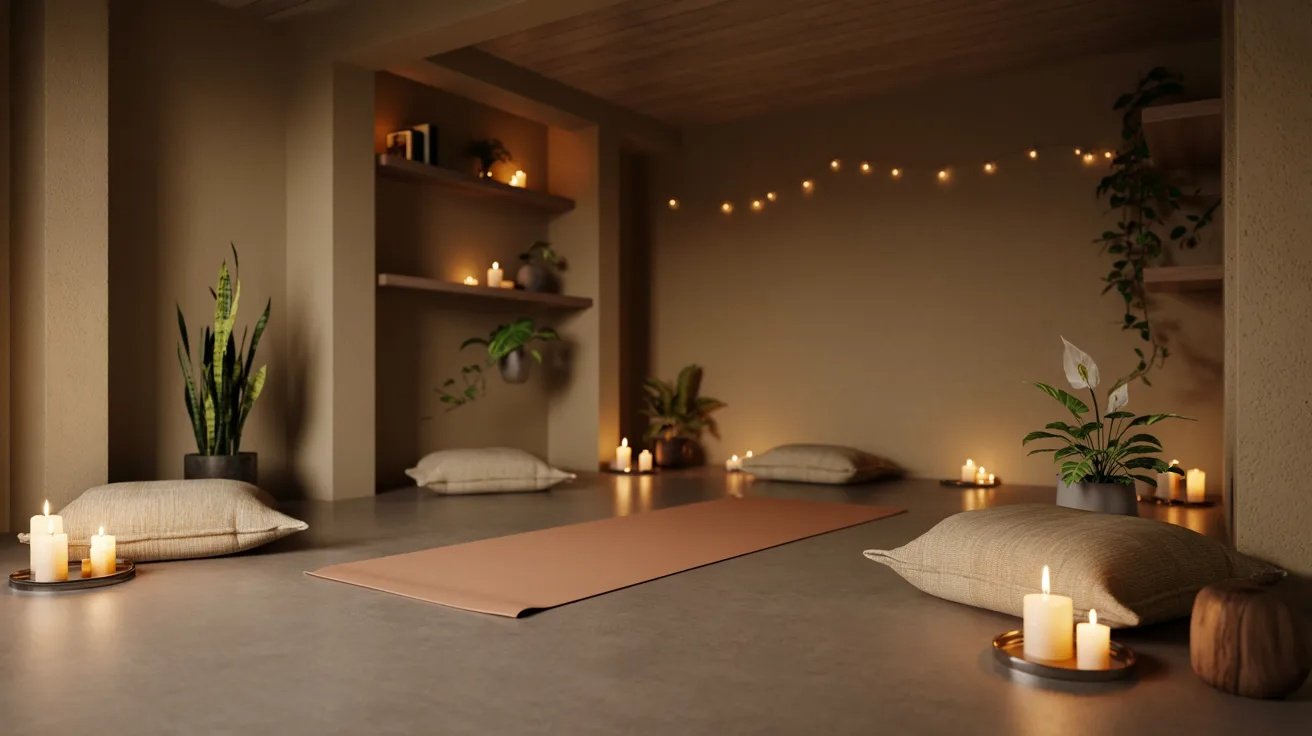 Calm basement yoga room with soft lighting, yoga mat, minimalist decor, and relaxing wellness atmosphere.