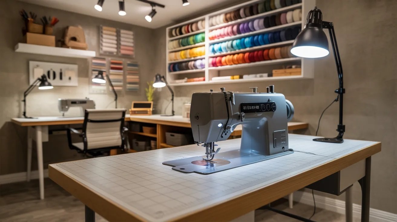 Basement sewing room with sewing machine, cutting table, thread storage, and organized creative setup.