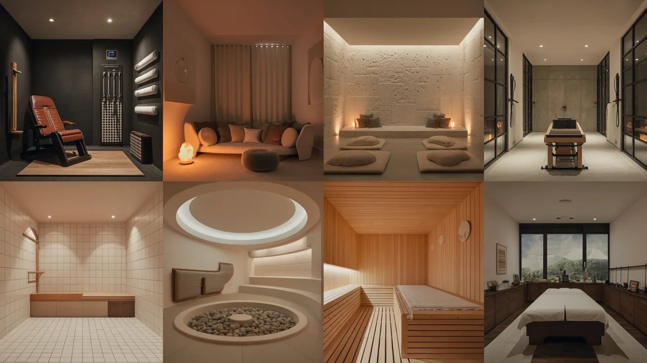 Basement wellness collage featuring recovery room, meditation area, stretching zone, Pilates studio, steam room, hydrotherapy tub, sauna retreat, and aromatherapy spa setup.