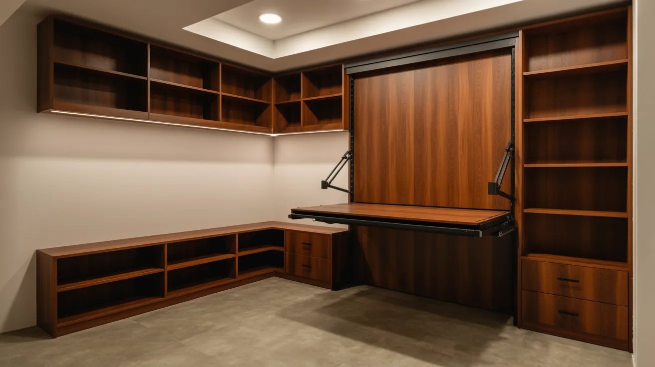 Small basement with fold-down furniture, vertical storage, and smart space-saving design solutions.